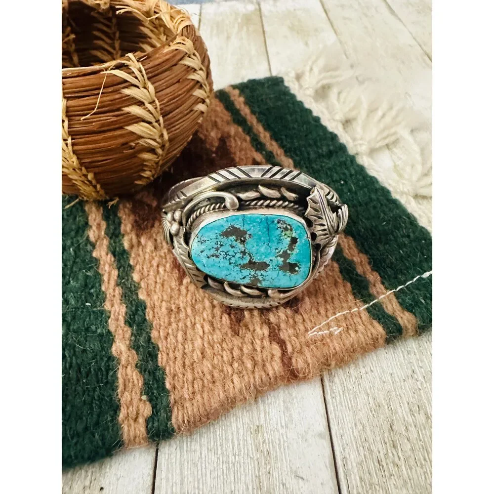 Handcrafted Old Pawn Turquoise & Sterling Silver Cuff Bracelet - Picture 2 of 7